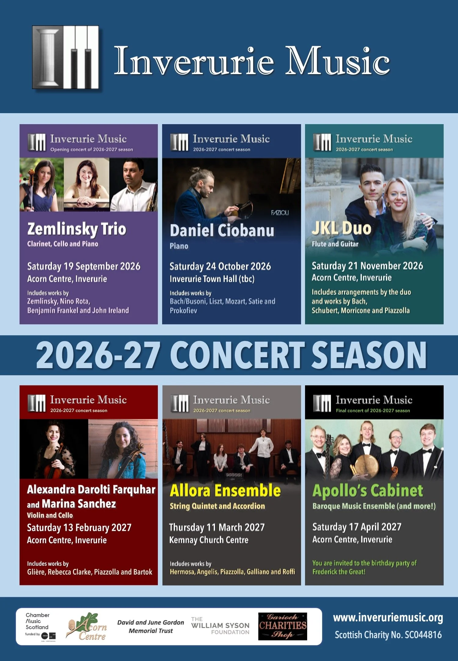 Poster for Inverurie Music 2026-27 concert season featuring details of various upcoming performances, including performers and dates. Includes images of performers, concert dates, and locations.