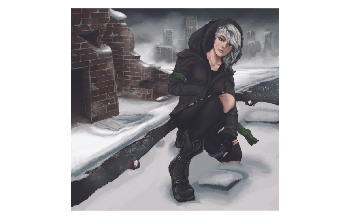 A woman with gray hair wearing black clothing and boots, sitting on a snow-covered ledge in an urban area with damaged buildings and snow falling.