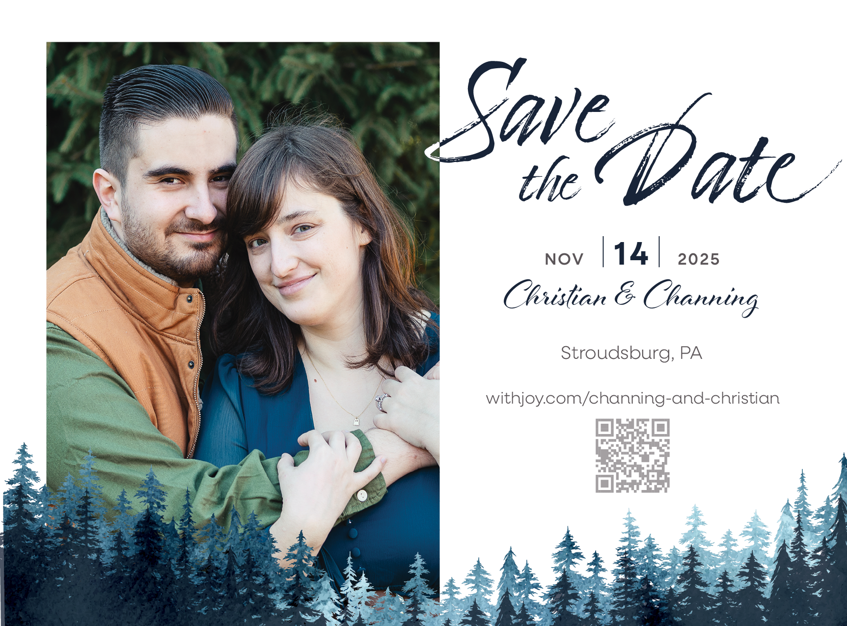 Save the date card featuring a photo of a smiling couple, an illustration of a forest at the bottom, and text with wedding details on a white background.