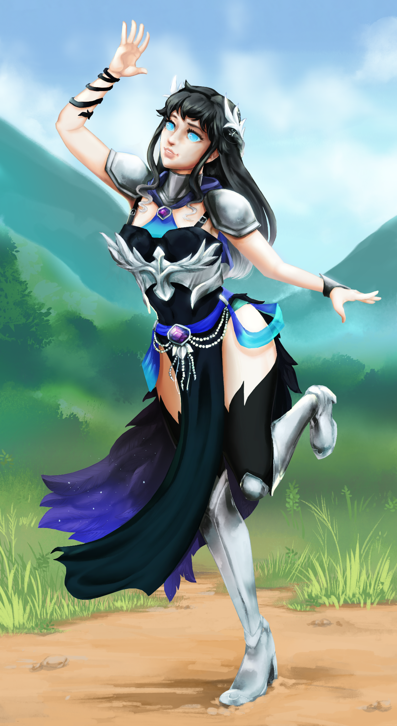 A fantasy-style female character with blue eyes and black hair with white accents, wearing armor and a flowing dress, posing with one arm raised and one foot on the ground on a grassy path with mountains in the background.