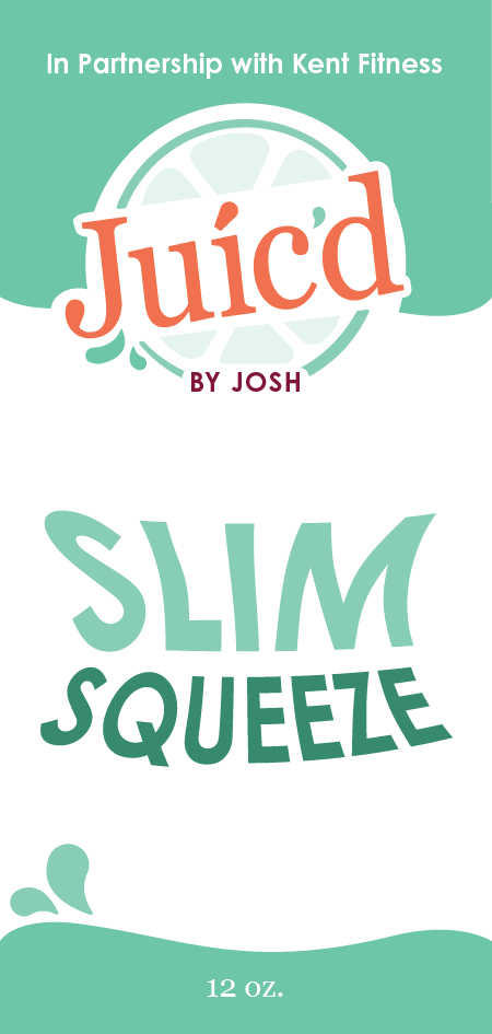 A promotional image for Juiced by Josh, a product in partnership with Kent Fitness. It emphasizes a slim squeeze, 12 ounces, with a citrus fruit graphic at the top.