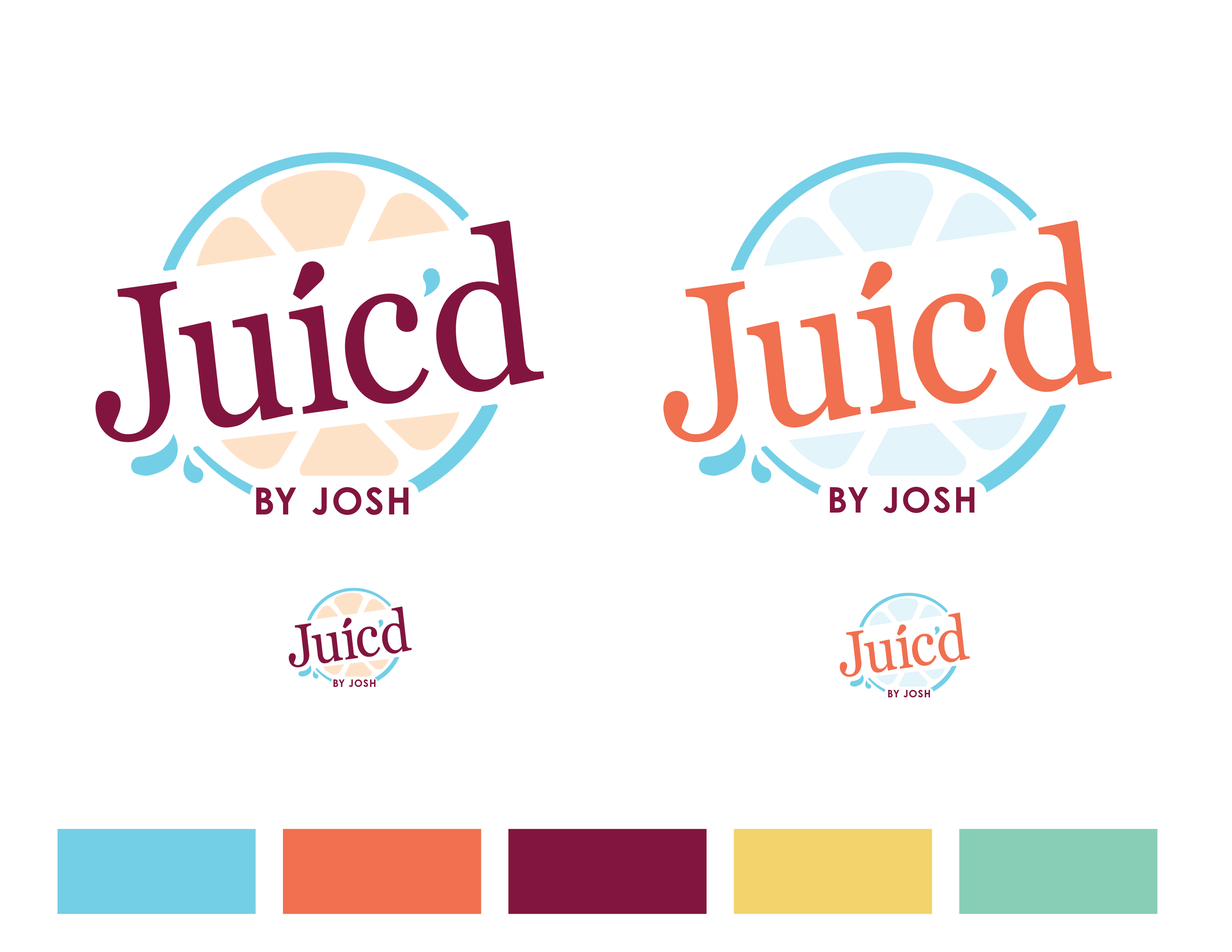 The image shows two logo designs of a juice brand called 'Juïc d by Josh.' The logos feature the word 'Juïc d' with a stylized lemon slice in the background and a few drops of juice, one logo has the text in dark red and the other in orange. Below ea