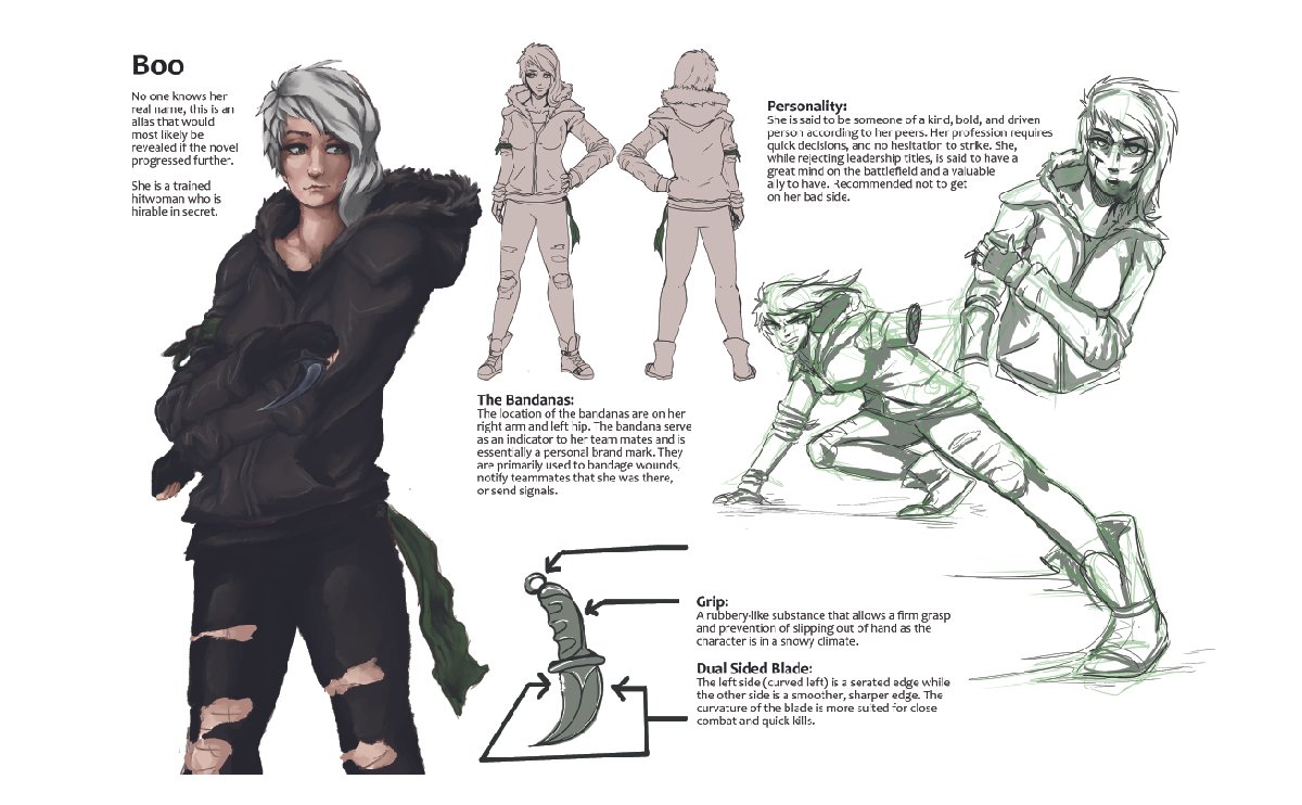 Character design sheet featuring Boo, a young woman with short, silver hair wearing a black hoodie with fur trim and ripped black jeans. The sheet includes front and back views, and sketches of her in action, showing her martial arts stance. Text des