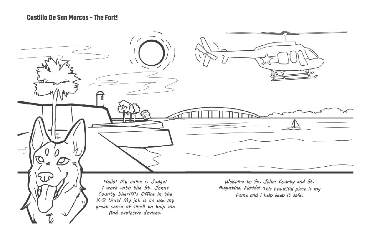 Line drawing of Castillo De San Marcos with a dog, helicopter, sun, clouds, trees, bridge, and boat, with text about the St. Johns County Sheriff's Office and a welcome message to St. Johns County, Florida.