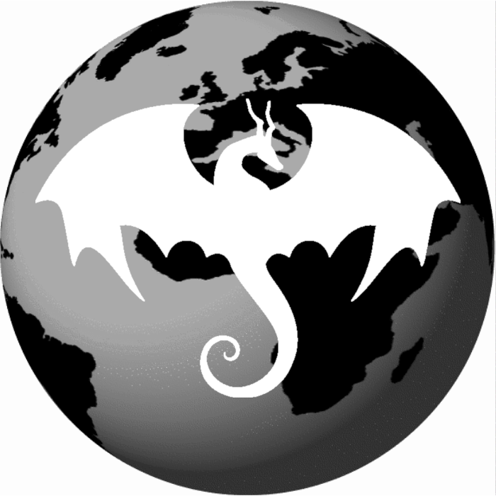 Black and white graphic of a dragon silhouette in front of a globe with Earth map.