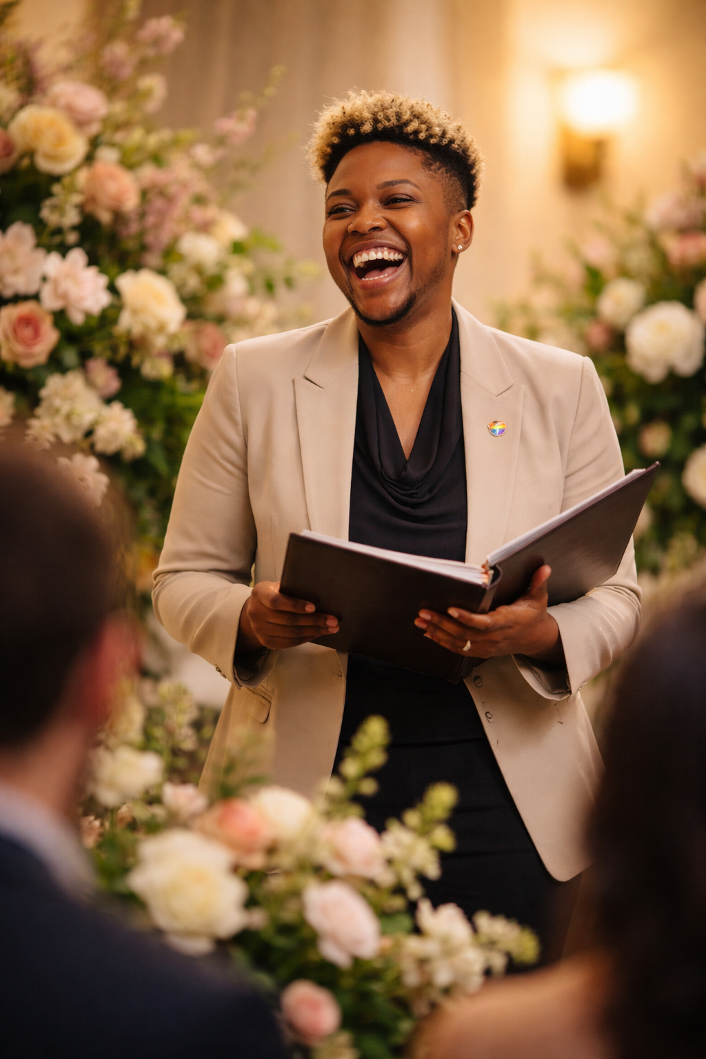 A person smiling and speaking at an event, holding a folder, with floral arrangements in the background.