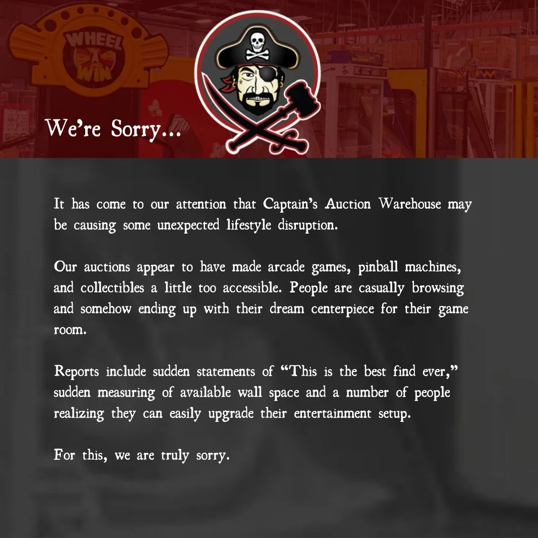 We&rsquo;re sorry&hellip;⁠
⁠
Apparently making arcade games, pinball machines, and collectibles this accessible has caused a few &ldquo;unexpected upgrades.&rdquo;⁠
⁠
To talk about any other amazing inconveniences, we will be at the New Year Arcade a