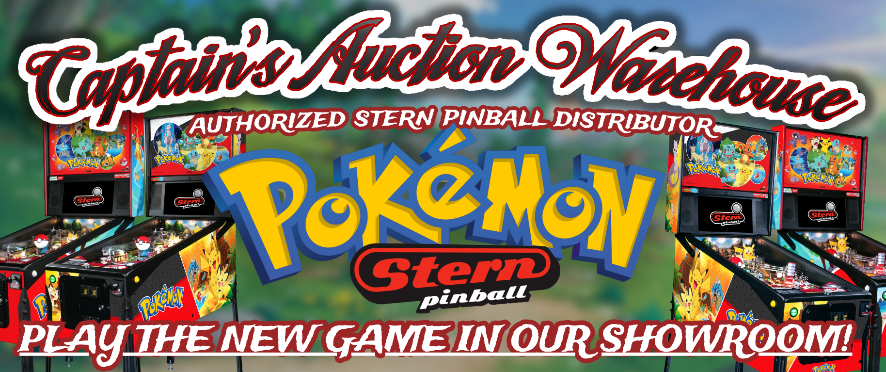 A promotional poster for Captain's Auction Warehouse featuring colorful arcade pinball machines with fireworks in the background, announcing a New Year's auction event from January 23rd to 25th.