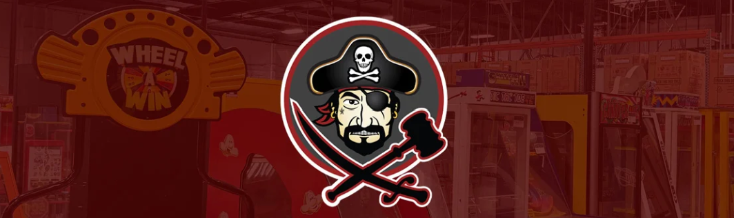 Logo of a pirate with an eye patch, a skull hat, and a sword, holding a hammer in front of a blurred arcade background.