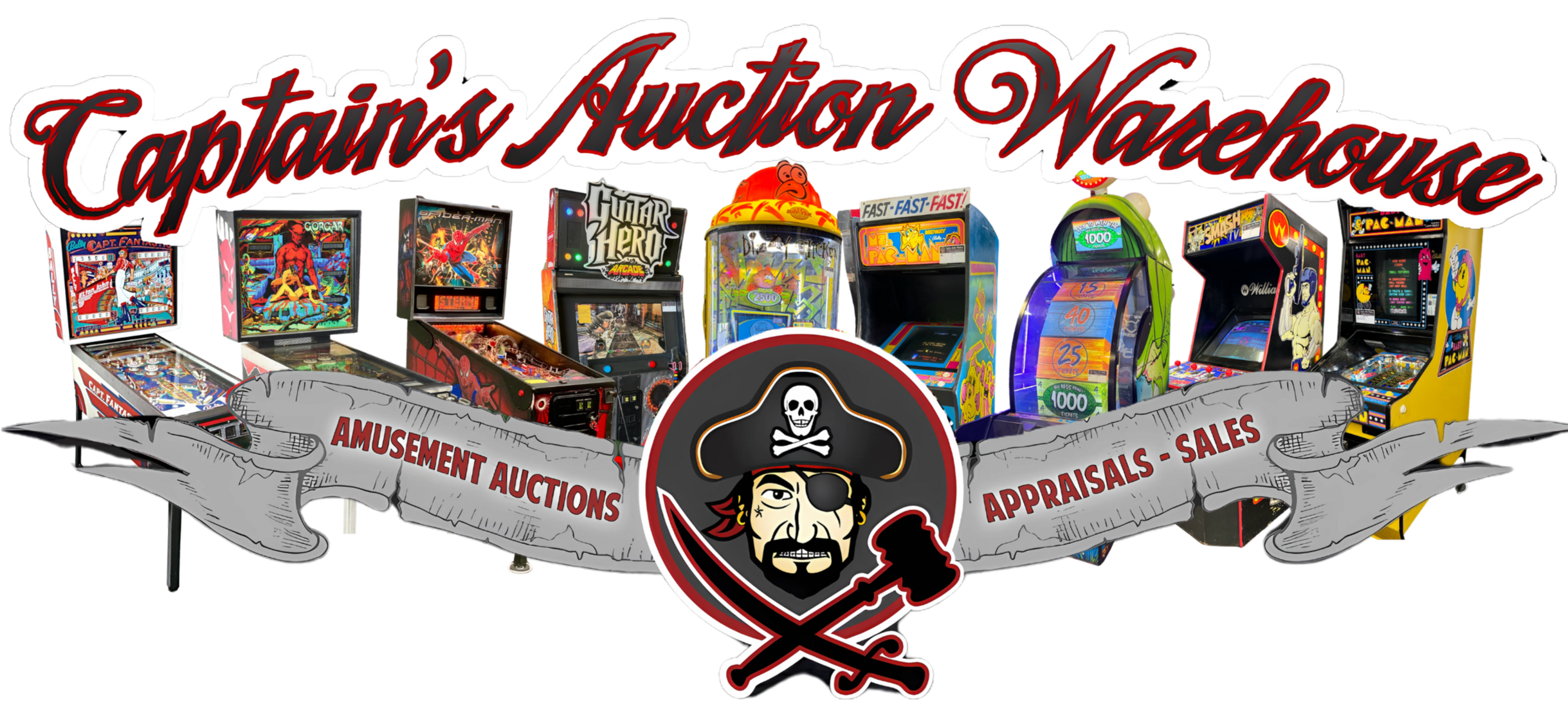 A collection of vintage pinball and arcade machines with a pirate-themed logo in the center and a banner reading "Captain's Auction Warehouse" at the top. The banner also includes the text "Amusement Auctions" and "Appraisals - Sales".