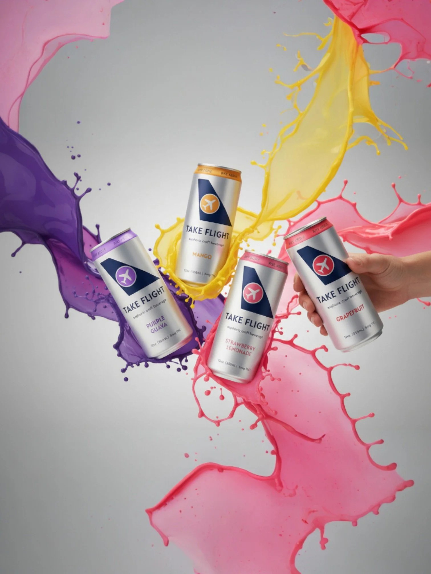 Four cans of Take Flight sparkling craft beverages in flavors: mango, purple guava, strawberry lemonade, and grapefruit, with colorful splashes of pink, purple, yellow, and red liquid splashing around them.