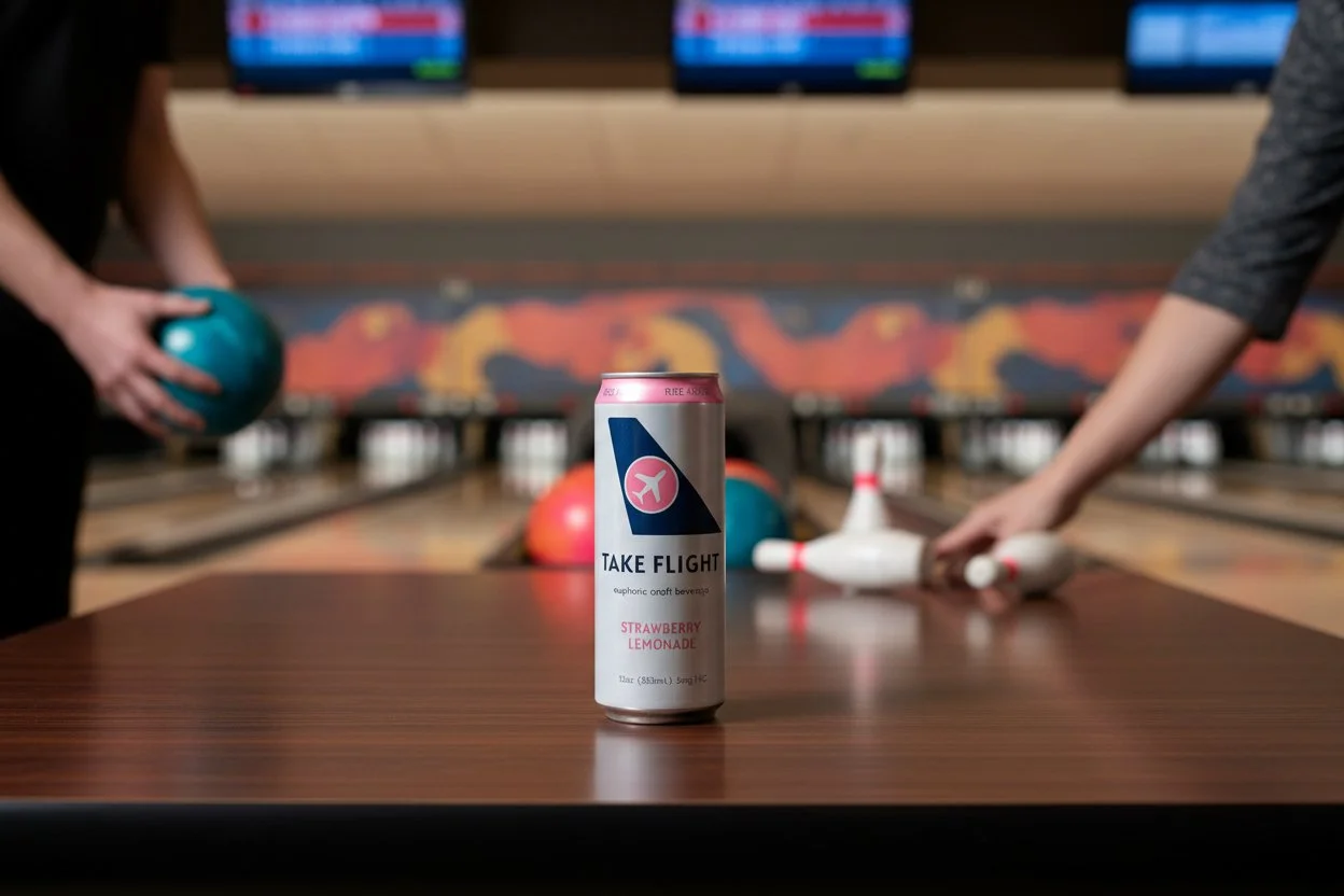 A can of Take Flight strawberry lemonade flavored alcoholic beverage is placed on a bowling alley table. In the background, two people are bowling, with one holding a teal bowling ball on the left and the other rolling a white bowling ball on the right. Bowling pins are visible down the lane.
