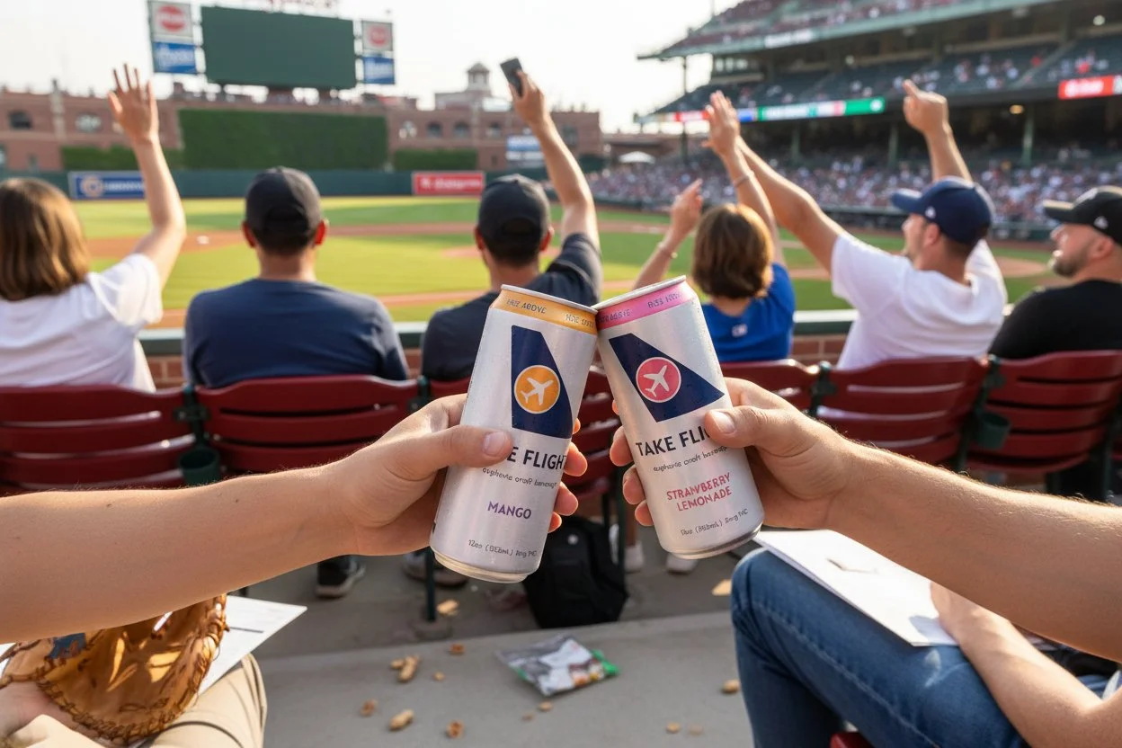 Two people holding cans of flavored sparkling water at a baseball stadium, with spectators watching the game.