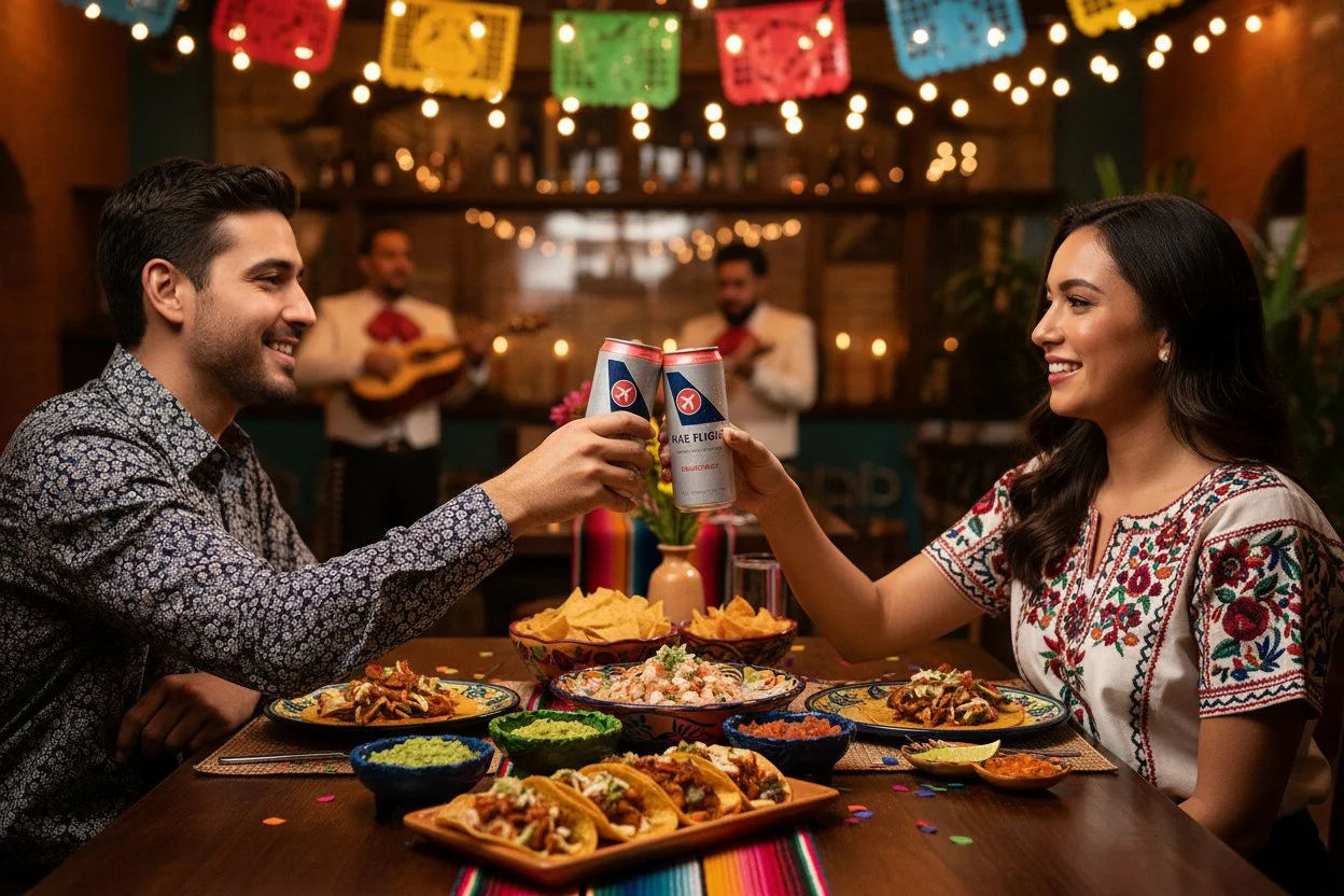 A man and woman sitting at a table in a festive restaurant, clinking beer cans, with Mexican food and chips on the table. Colorful banners and string lights decorate the background.