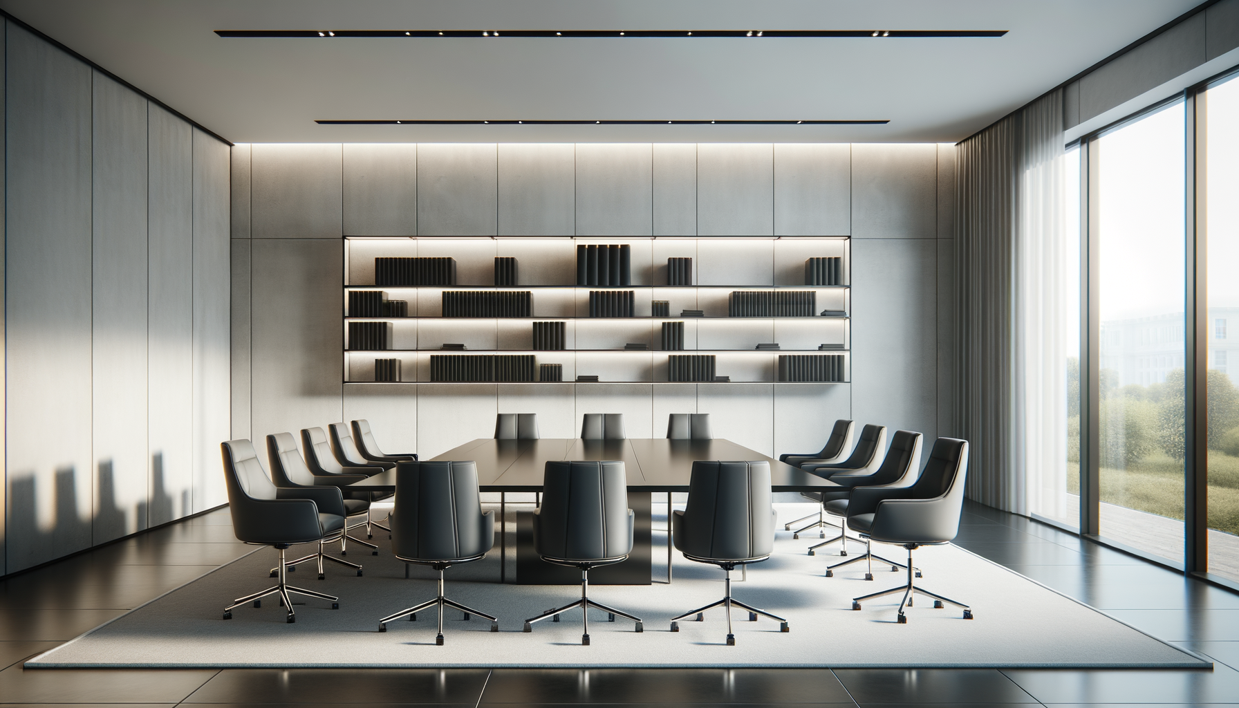 Modern conference room with a large table, black leather chairs, built-in wall shelves with books, and large windows with curtains letting in natural light.