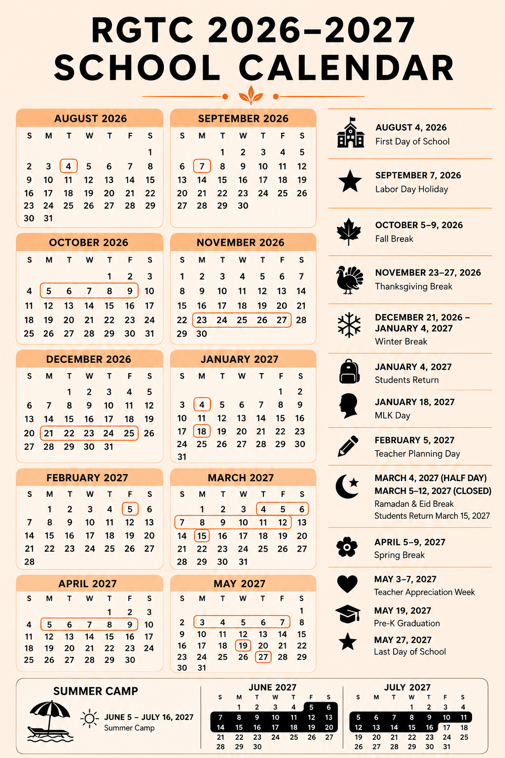 School calendar for RGTC 2026-2027 with months August 2026 through July 2027, including dates for holidays, breaks, and important events, alongside icons and notes about summer camp and year-round months.