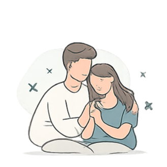 A cartoon illustration of a man and a woman sitting closely together, holding hands and smiling.