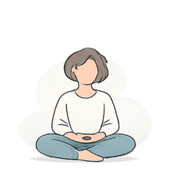Illustration of a person sitting cross-legged on the floor with hands on lap, in a meditative or relaxed pose, facing forward.