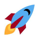 A stylized rocket launching with flames and smoke.