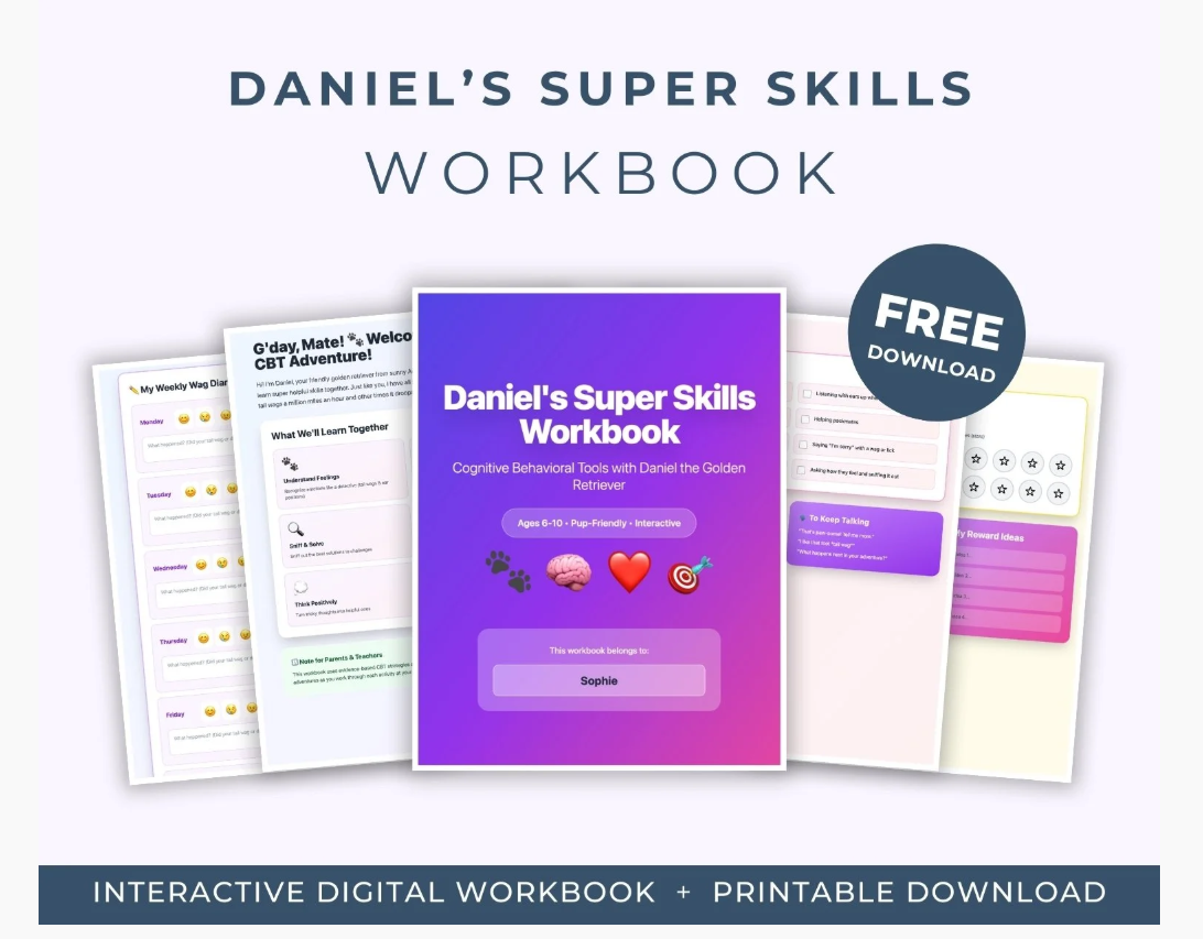 Cover of Daniel's Super Skills Workbook for children ages 6-10, featuring a purple gradient background, icons of a paw print, brain, heart, and target, with sample pages of a daily routine, feelings chart, and reward ideas displayed behind the cover, and a blue circular badge indicating free download.