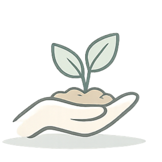 An open hand holding a small plant with two leaves, symbolizing growth or nurturing.