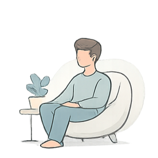 An illustration of a person sitting on a couch with a plant on a side table nearby.