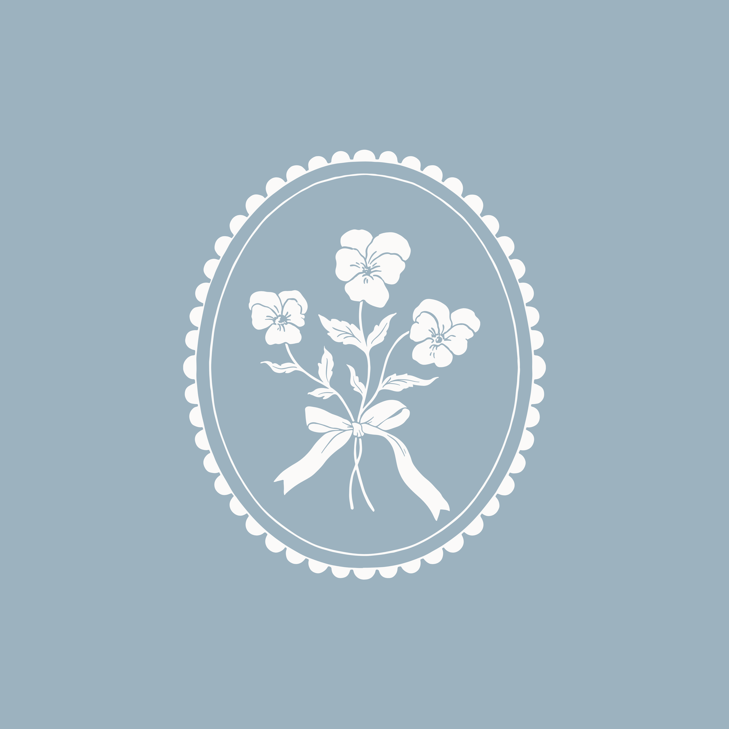 A vintage-style illustration of a bouquet of three flowers with leaves, tied with a ribbon, inside an decorative oval frame with a scalloped border, on a light blue background.