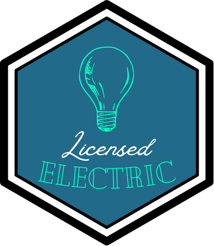 A logo with a light blue hexagon background featuring a neon outline of a light bulb, with the words "Licensed Electric" in white and teal text.