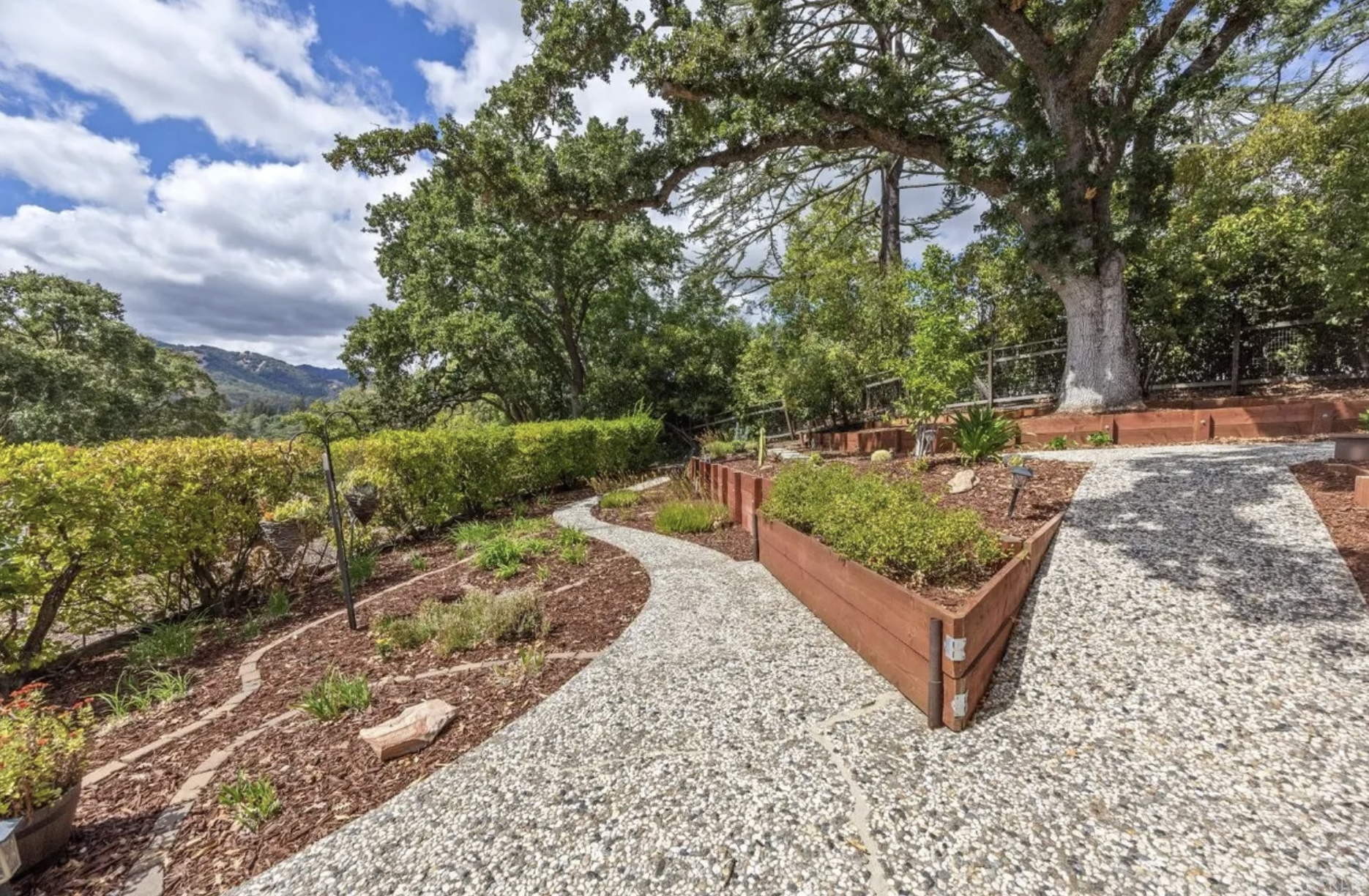 Residential garden featuring a gravel pathway, large tree, bushes, and a mountain view in the background under a partly cloudy sky.