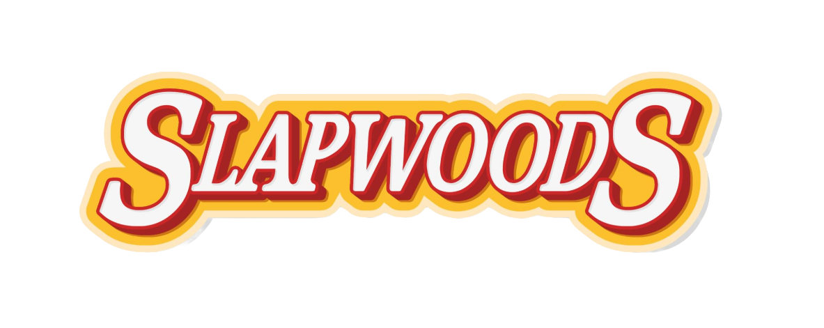 Close-up of a logo reading 'SLAPWOODS' with red, white, and yellow colors and a shadow effect.
