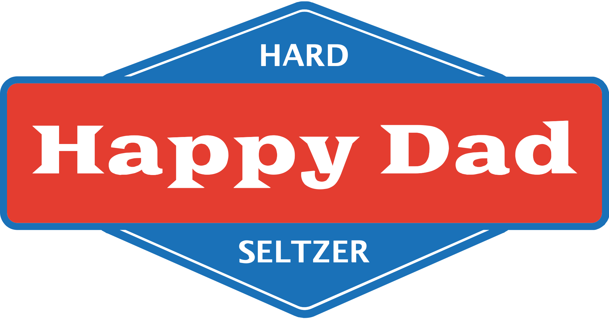 Logo of Happy Dad, a hard seltzer brand with blue, red, and white colors, featuring the words 'HARD,' 'HAPPY DAD,' and 'SELTZER'.