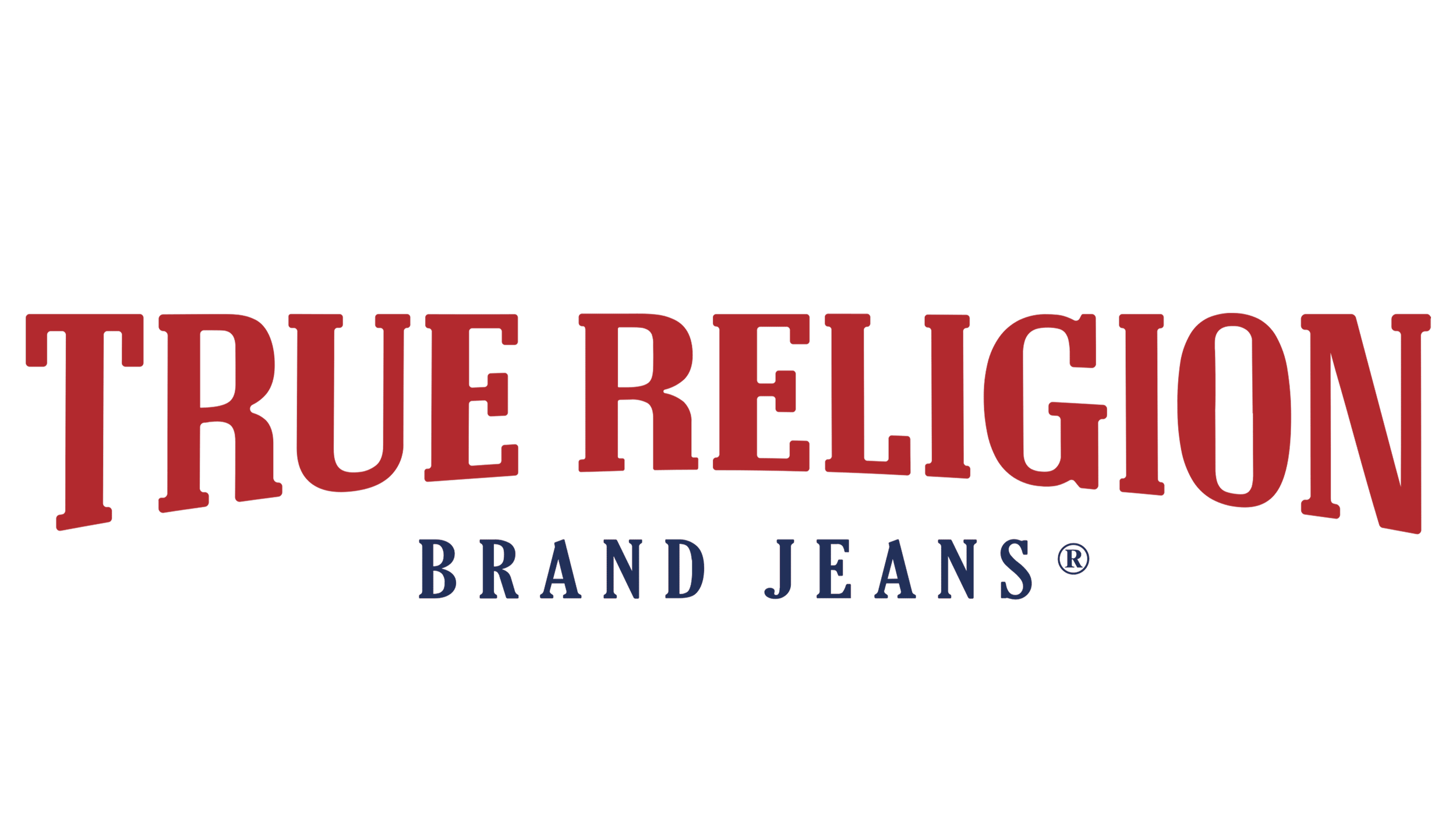 True Religion brand jeans logo in red and blue text on a black background.