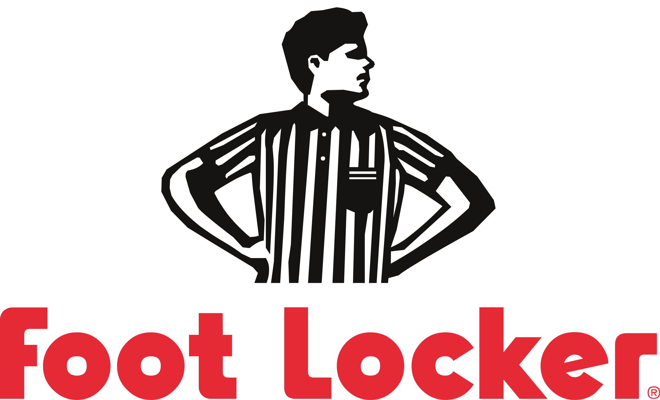 Logo of Foot Locker with a stylized illustration of a person wearing glasses and a striped shirt, standing with hands on hips, above the text 'foot Locker' in red.