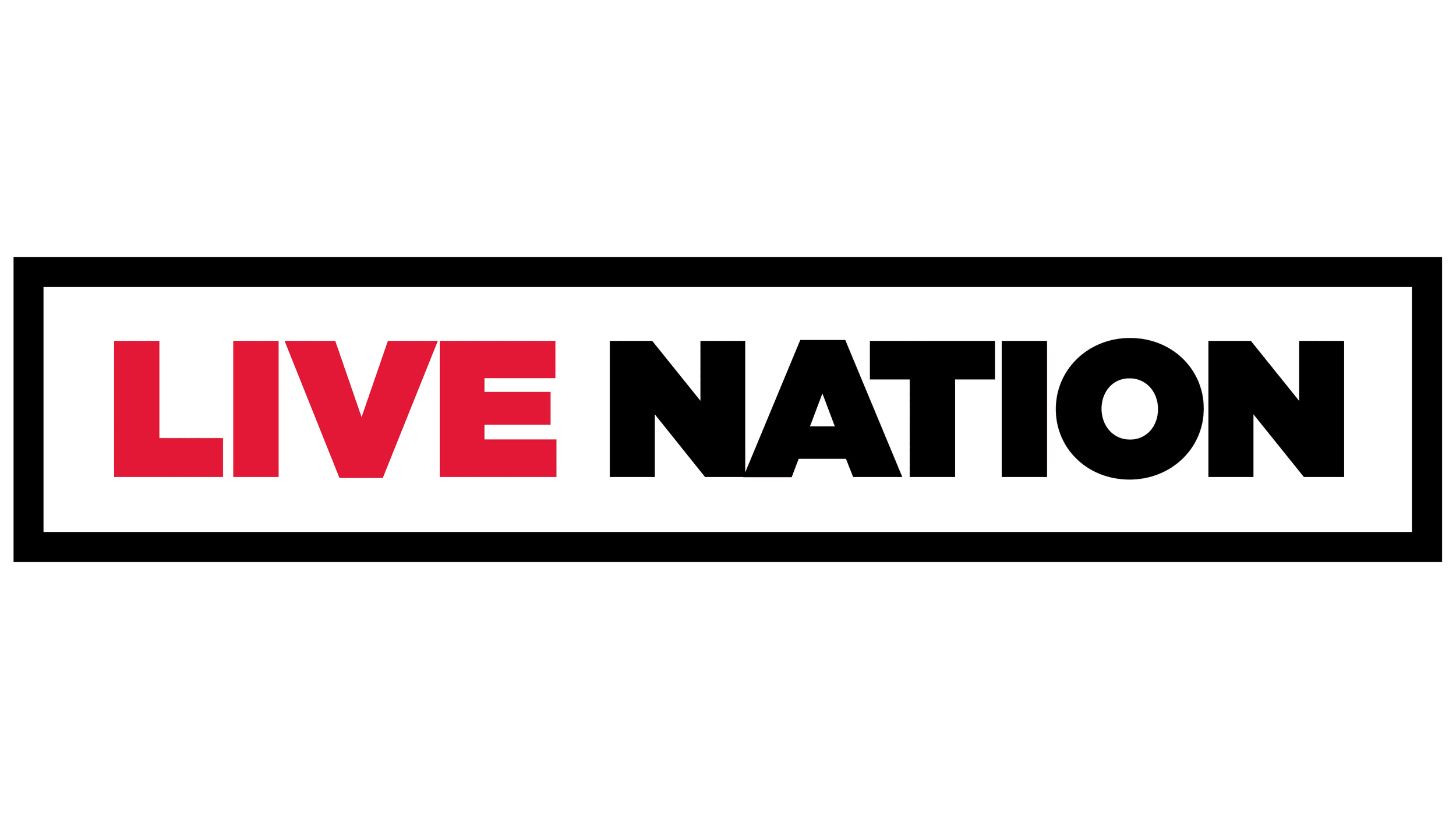 Sign with the text 'LIVE NATION', with 'LIVE' in red and 'NATION' in black, on a white background.