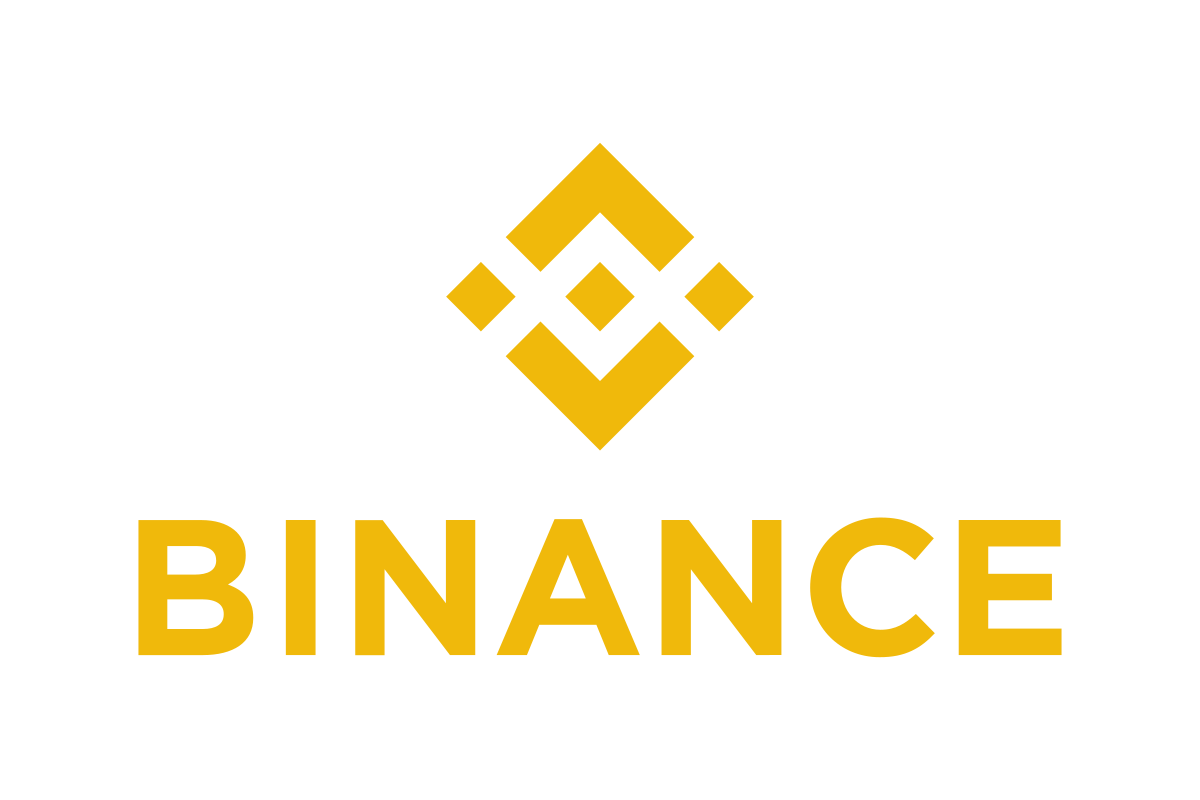 Binance logo with a stylized yellow diamond and the word "BINANCE" in yellow below it.