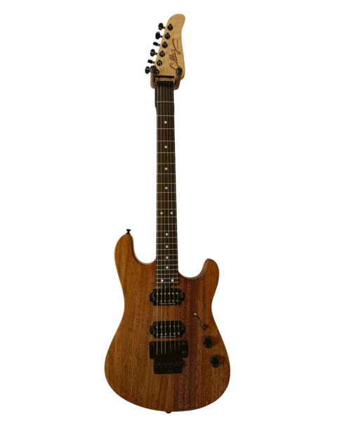 Brown electric guitar with a maple neck and black pickups.