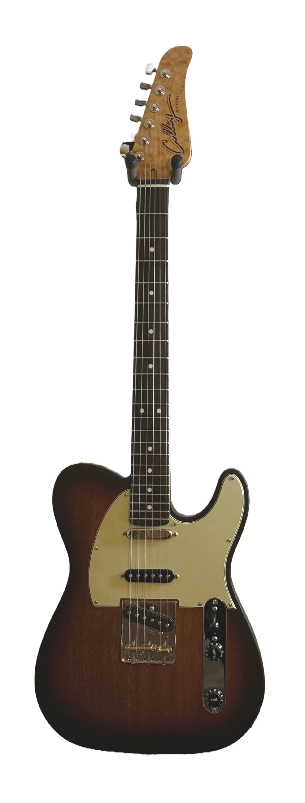 A Fender electric guitar with a sunburst finish, two single-coil pickups, and a single humbucker pickup, mounted on a guitar stand.