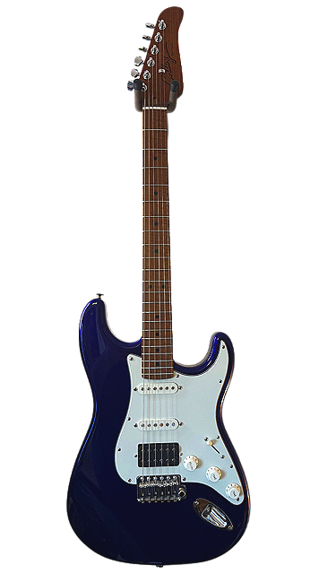 Blue electric guitar with a white pickguard and six strings, set against a black background.
