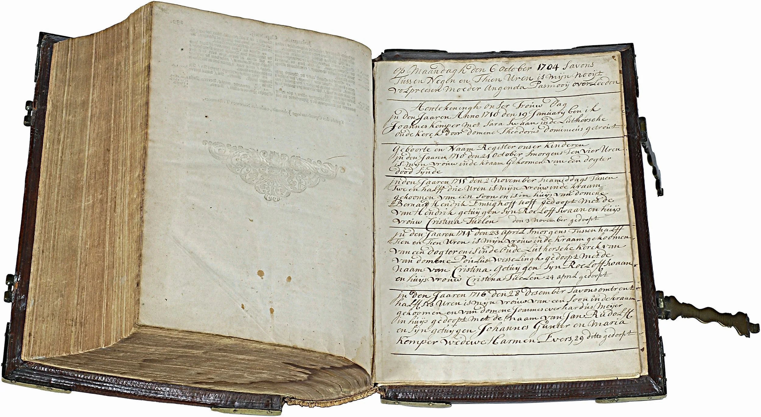 Open antique book with handwritten text in a European language, possibly Dutch or German, showcasing historical journal entries or records from the early 1700s, with a decorative floral sketch on the left page.
