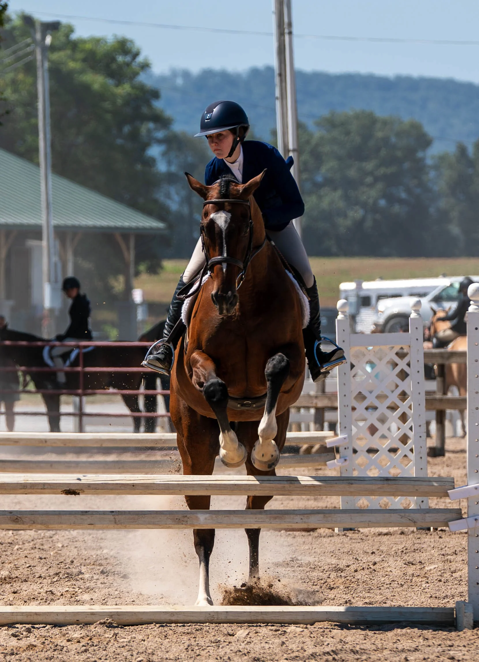 A female equestrian in riding attire, including a helmet, riding a brown horse over a jump at a horse show or competition.