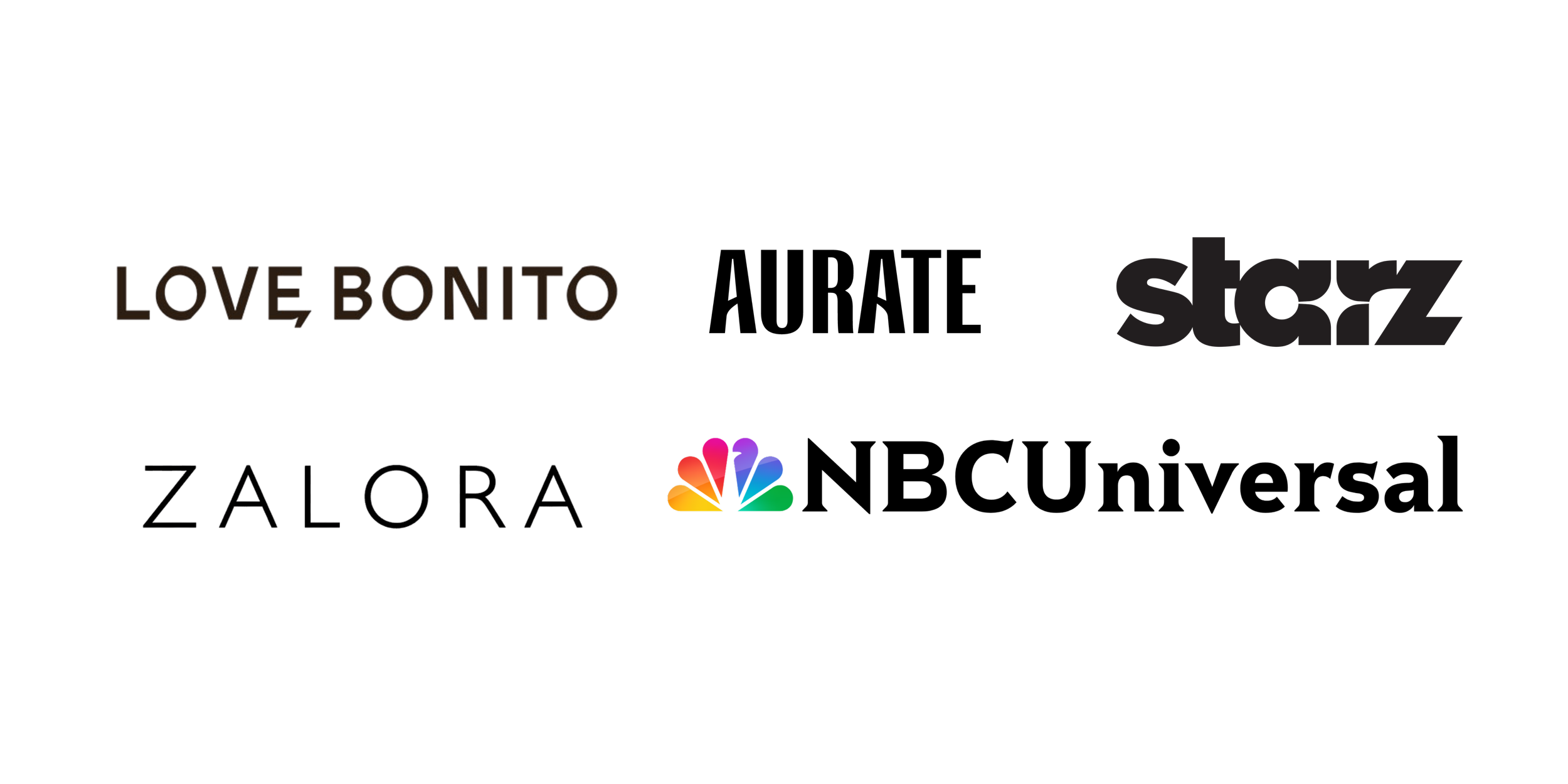 Logos of LOVE BONITO, starz, NBC, and ZALORA displayed on a black background.
