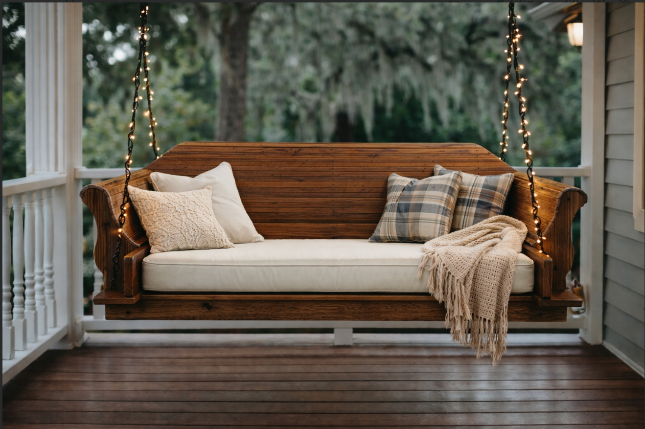 A wooden porch swing with white cushions and decorative pillows, decorated with string lights, hanging on a porch with a wooded background.