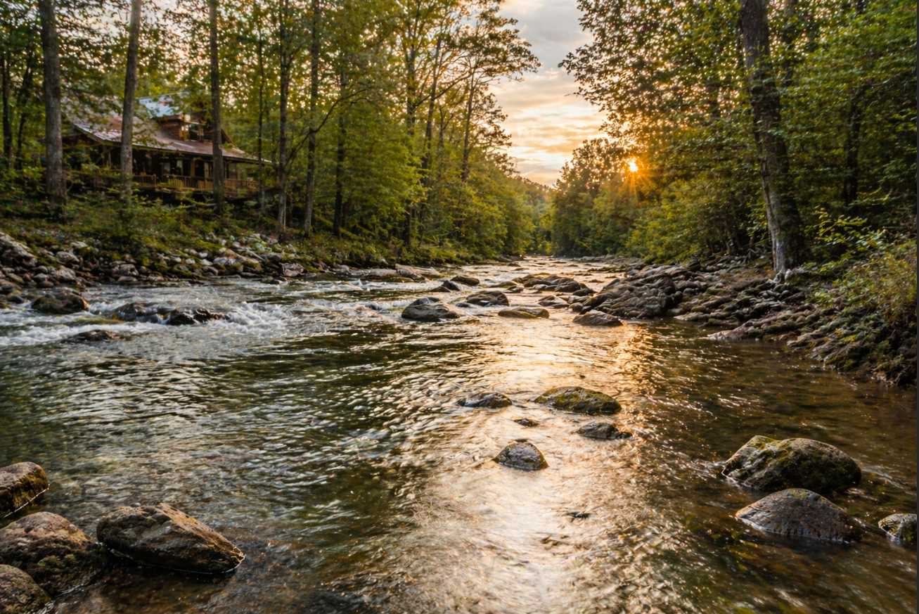 A peaceful river flowing through a forest with a wooden house on the left and the sun setting in the background.