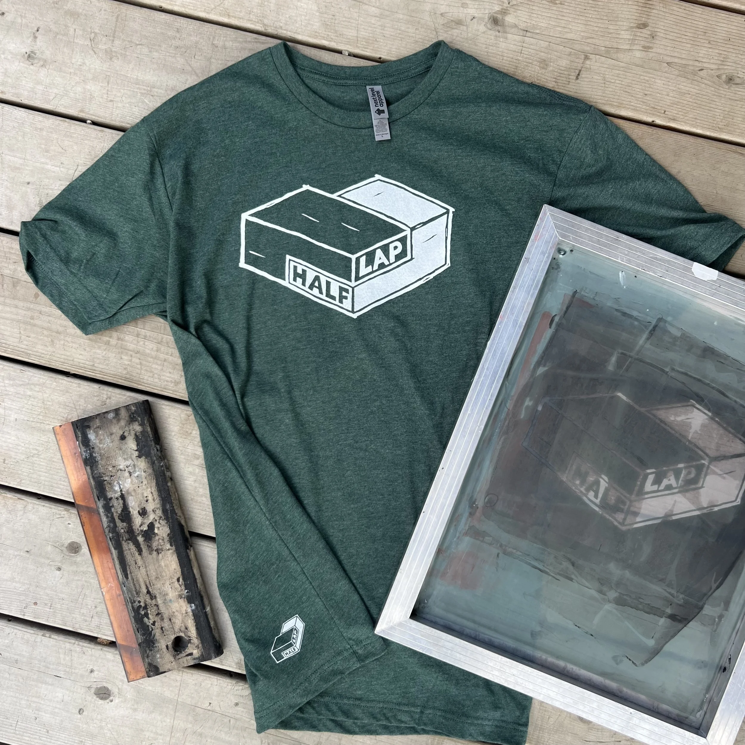 Half Lap Logo T White on Emerald Green L