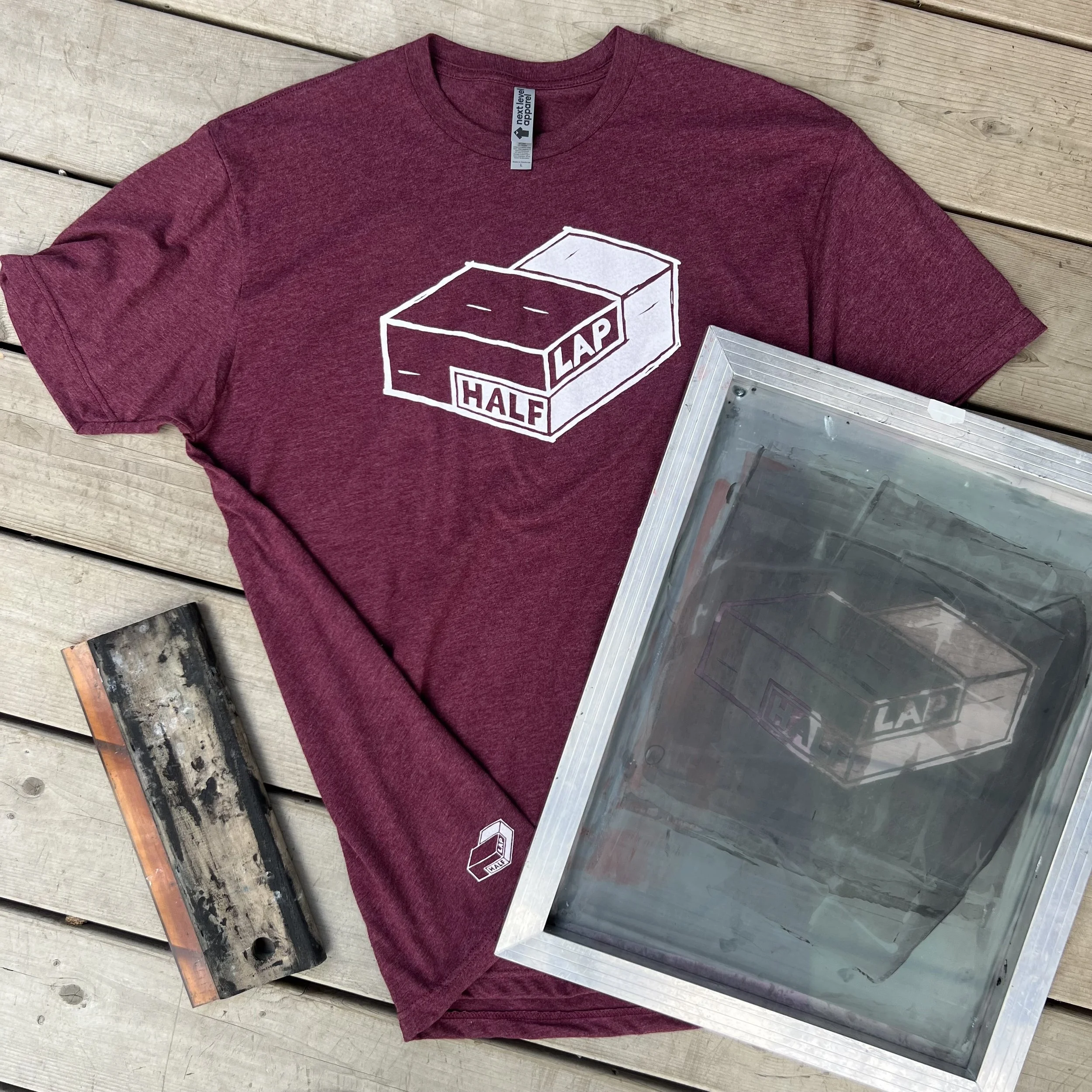 Half Lap Logo T White on Heather Rasberry L