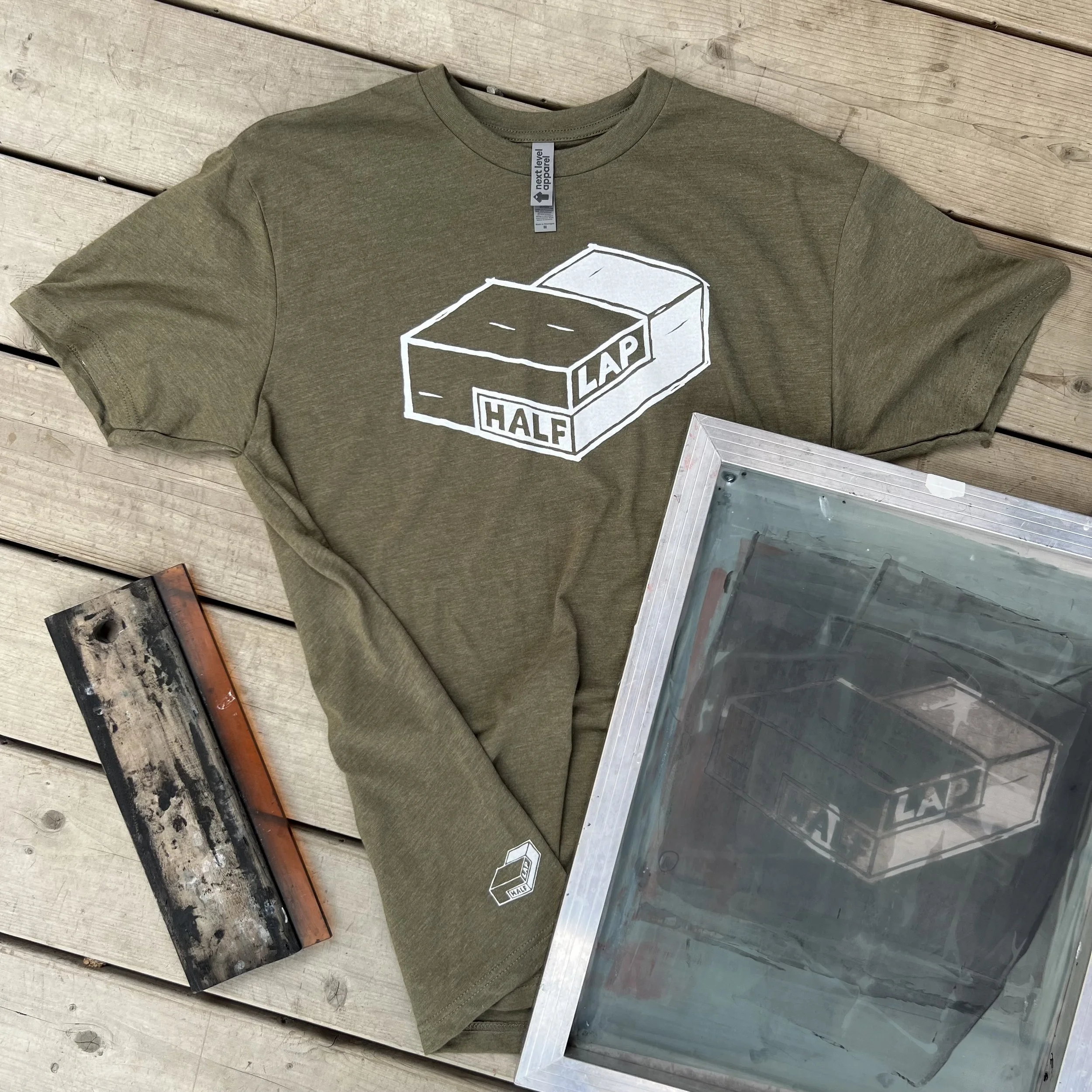 Half Lap Logo T White on Army Green M