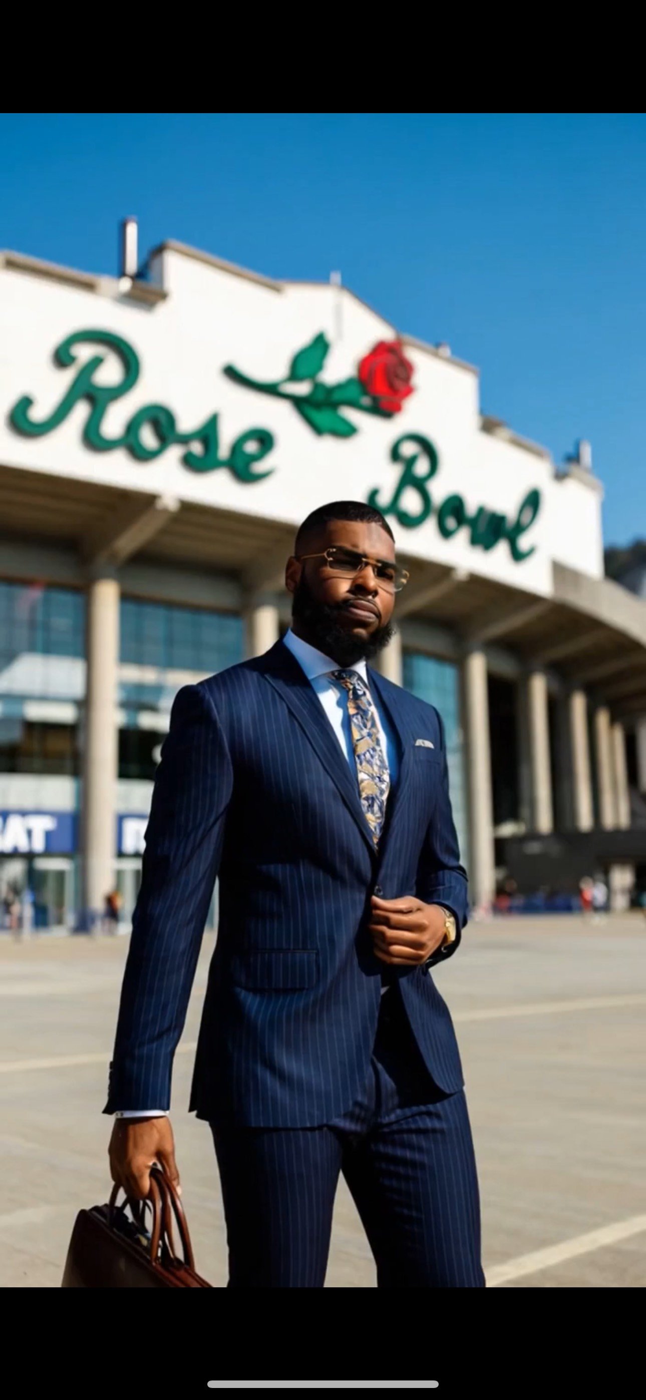 A man in a dark blue pinstripe suit, sunglasses, and a patterned tie, holding a brown briefcase, standing in front of the Rose Bowl stadium.