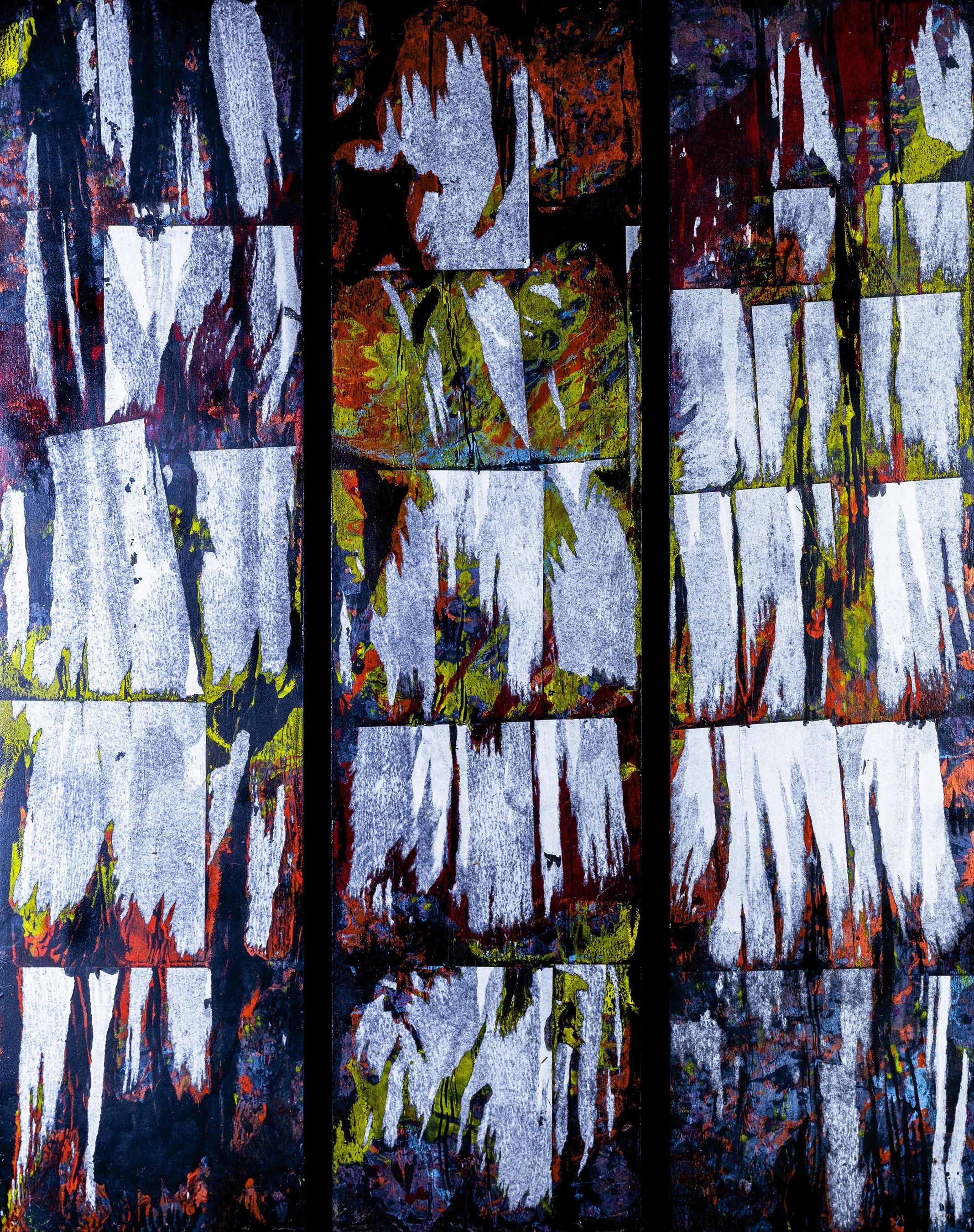 Abstract Series triptych painting by Atlanta artist Aaron O’Connor, OC Studios — oil and acrylic on wood panels featuring layered textures of white, red, yellow, and black forming vertical rhythmic divisions across three panels.