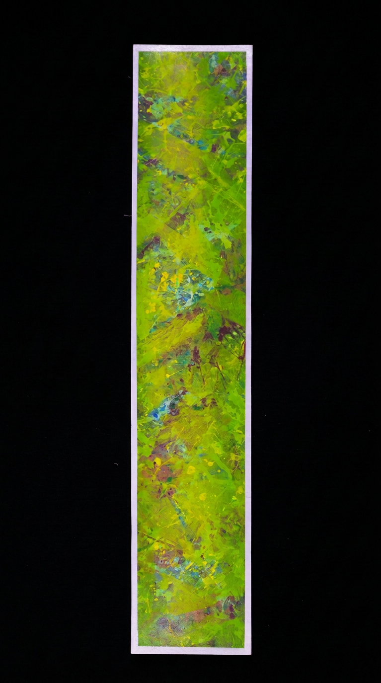 Abstract Series painting by Atlanta artist Aaron O’Connor, OC Studios — oil and acrylic on wood panel featuring layered green, yellow, and blue tones with splattered textures and diagonal motion across a vertical format.