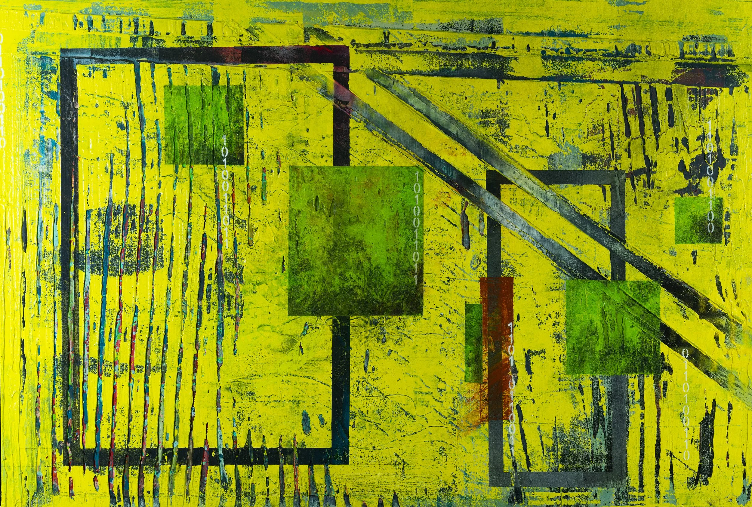 Abstract Series painting Signal Study – Yellow Distraction by Atlanta artist Aaron O’Connor, OC Studios — oil and acrylic on wood panel featuring geometric forms, binary code markings, and textured yellow and green layers